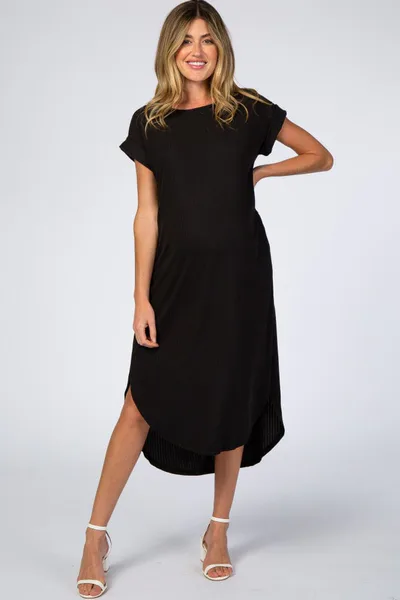 PinkBlush Black Ribbed Curved Hem Maternity Midi Dress