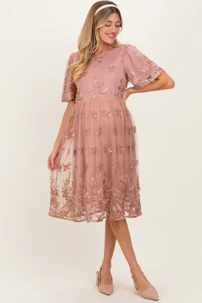 PinkBlush Light Pink Floral Embroidered Mesh Maternity Midi Dress