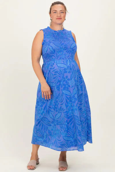 PinkBlush Royal Blue Floral Smocked Sleeveless Maternity Plus Midi Dress