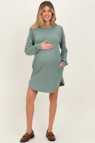 PinkBlush Light Olive Rib Knit Long Sleeve Maternity Dress