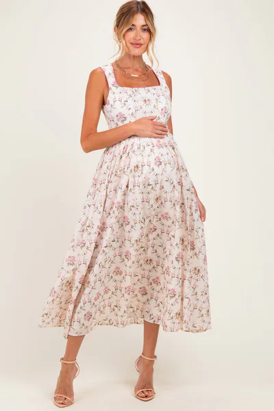 PinkBlush Rose Floral Sleeveless Square Neck Maternity Midi Dress