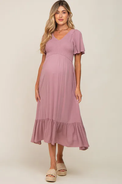 PinkBlush Lavender Smocked V-Neck Midi Dress
