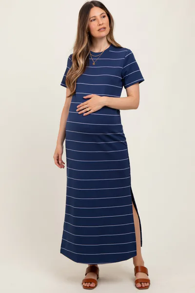 PinkBlush Navy Striped Short Sleeve Side Slit Maternity Midi Dress