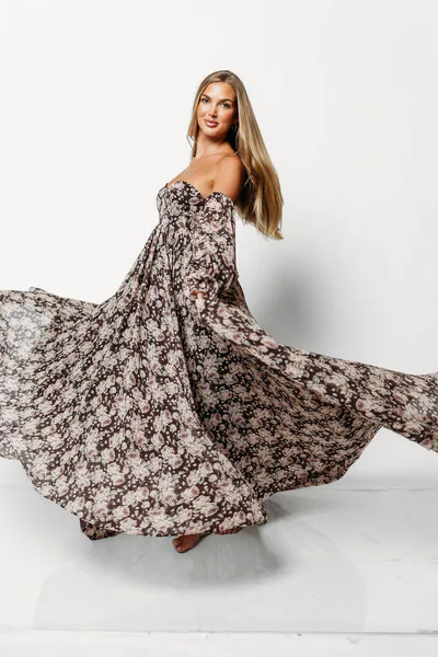 Worth Collective Delilah Floral Maxi Dress with Train in Chocolate Brown - Bump Friendly