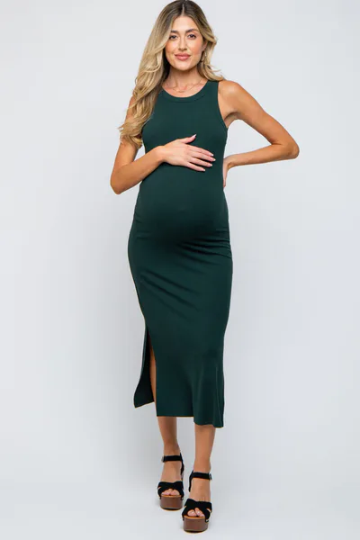 PinkBlush Forest Green Ribbed Maternity Side Slit Tank Dress
