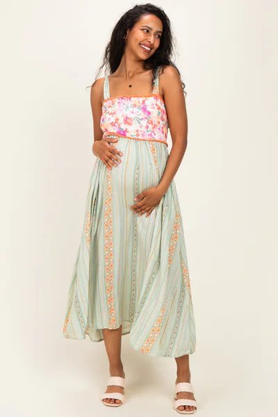 PinkBlush Sage Floral Tie Shoulder Woven Maternity Midi Dress