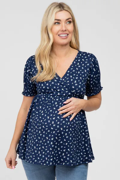 PinkBlush Navy Ditsy Floral Smocked Sleeve Maternity Wrap Top