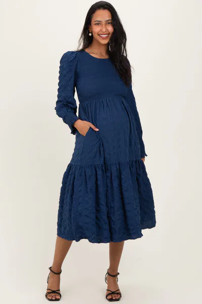 PinkBlush Navy Textured Stripe Smocked Maternity Midi Dress