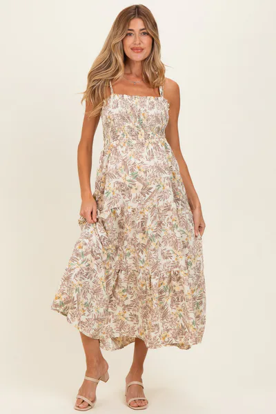 PinkBlush Ivory/ Mustard Vintage Floral Sleeveless Tiered Maternity Maxi Dress