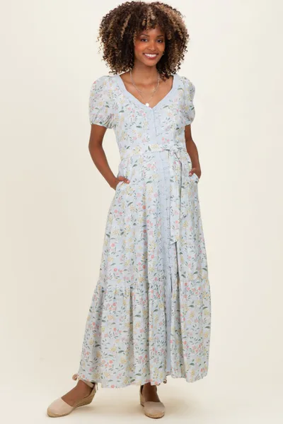 PinkBlush Light Blue Floral Lace Trim Button Down Maternity Maxi Dress