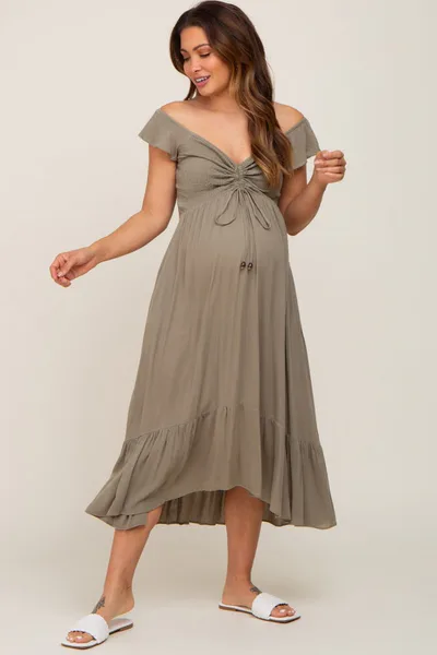 PinkBlush Olive Smocked Ruched Ruffle Hem Maternity Maxi Dress