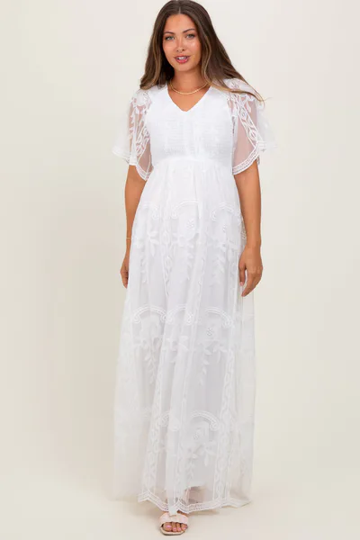 PinkBlush White Smocked Top Lace Maternity Maxi Dress