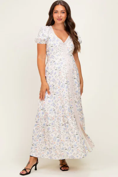 PinkBlush Creme Floral Lace Trim Button Down Maternity Maxi Dress