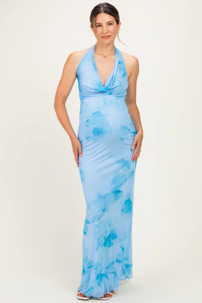 PinkBlush Light Blue Floral Cowl Maternity Maxi Dress