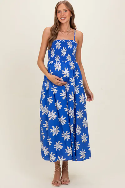 PinkBlush Cobalt Printed Square Neck Smocked Maternity Maxi Dress