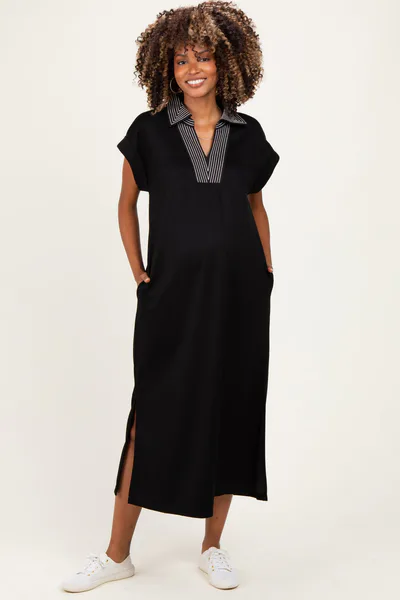 PinkBlush Black Striped Collared Side Slit Maternity Midi Dress
