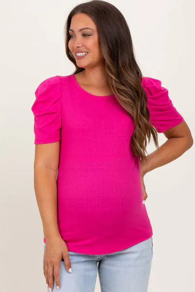 PinkBlush Fuchsia Ribbed Ruched Short Sleeve Maternity Top