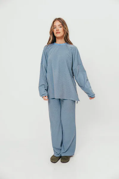 Worth Collective Naomi Mini Stripe Fleece Oversized Long Sleeve Top in Blue/Brown - Bump Friendly