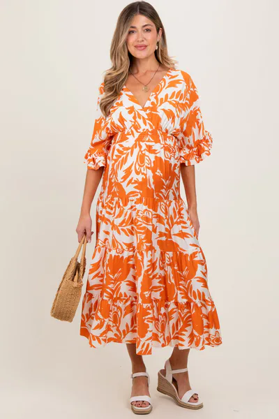 PinkBlush Orange Abstract Floral V-Neck Tiered Maternity Midi Dress