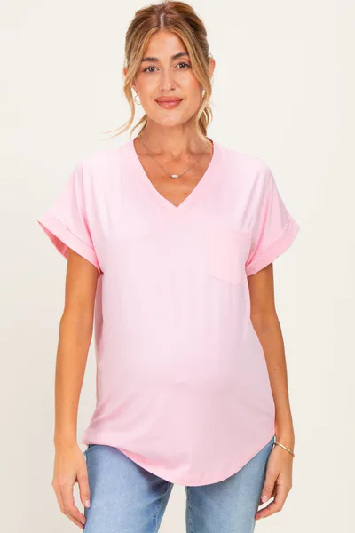 PinkBlush Light Pink V-Neck Pocket Short Sleeve Maternity Shirt