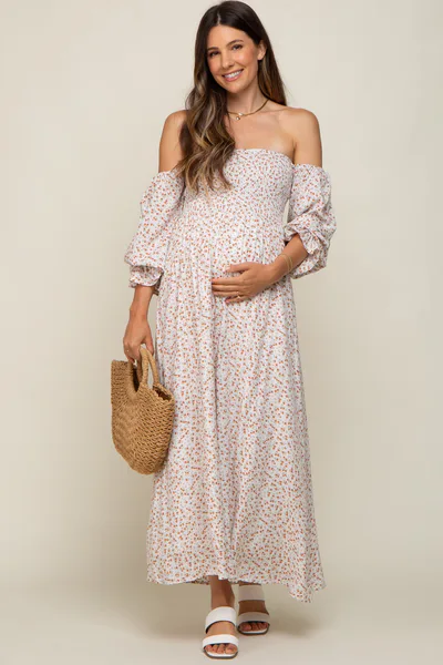 PinkBlush Cream Floral Square Neck Smocked Long Sleeve Maternity Maxi Dress