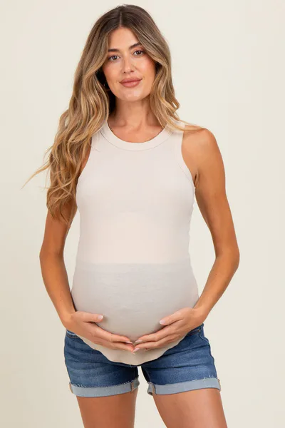 PinkBlush Cream Ribbed Basic Crew Neck Maternity Tank