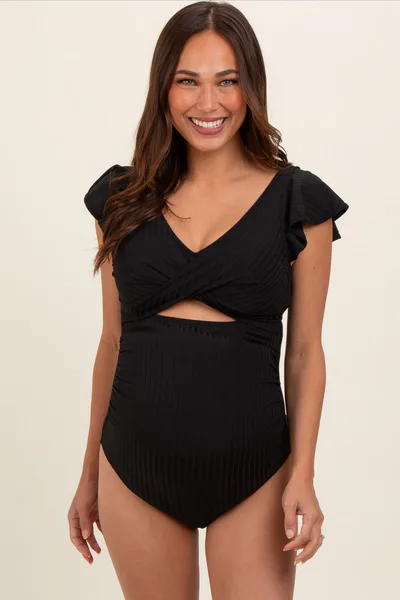 PinkBlush Black Ribbed Ruched Cutout Flutter One Piece Maternity Swimsuit