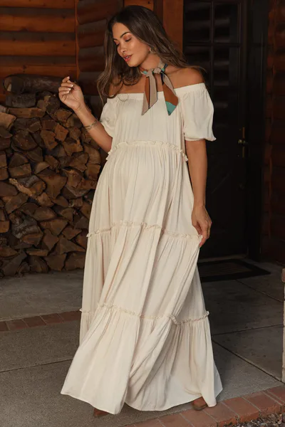 PinkBlush Cream Off Shoulder Ruffle Tiered Maternity Maxi Dress