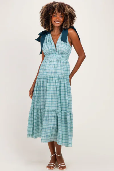 PinkBlush Light Blue Plaid Shoulder Tie Maternity Dress