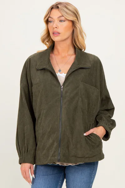 PinkBlush Olive Oversized Corduroy Maternity Zipper Jacket