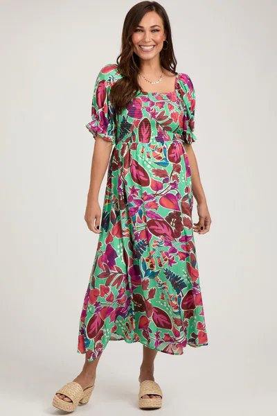 PinkBlush Mint Green Floral Puff Sleeve Maternity Maxi Dress