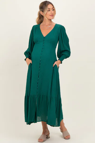 PinkBlush Evergreen Swiss Dot Button Down Maternity Maxi Dress