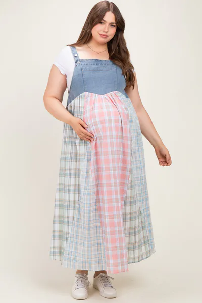 PinkBlush Multicolor Plaid Overall Maternity Plus Maxi Dress