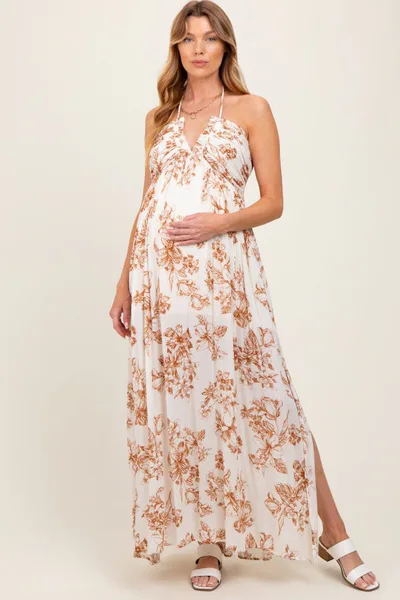 PinkBlush Taupe Floral Tie-Back Halter Maternity Maxi Dress