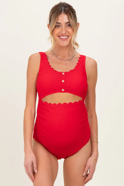 PinkBlush Red Scalloped Cutout Ruched Maternity One Piece Swimsuit