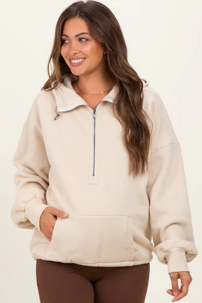 PinkBlush Cream Fleece Half Zip Drop Shoulder Maternity Hoodie