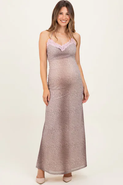 PinkBlush Light Pink Animal Print Lace Trim Sleeveless Maternity Maxi