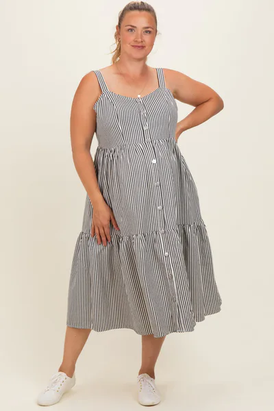 PinkBlush Black Striped Tiered Overall Maternity Plus Dress