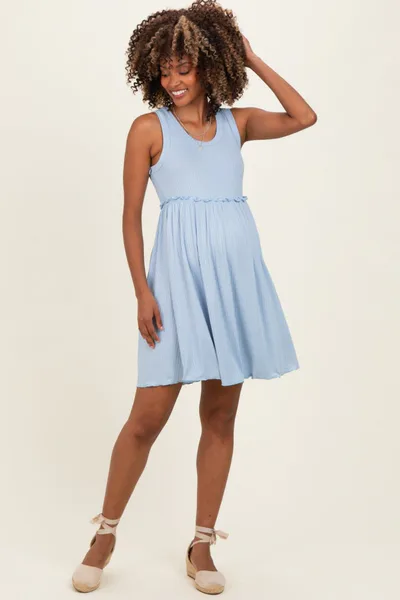 PinkBlush Light Blue Ribbed Sleeveless Lettuce Trim Maternity Mini Dress