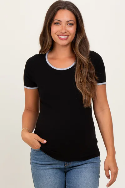 PinkBlush Black Solid Ribbed Short Sleeve Basic Maternity Top