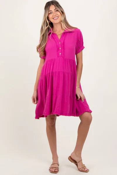 PinkBlush Fuchsia Tiered Collared Linen Maternity Dress