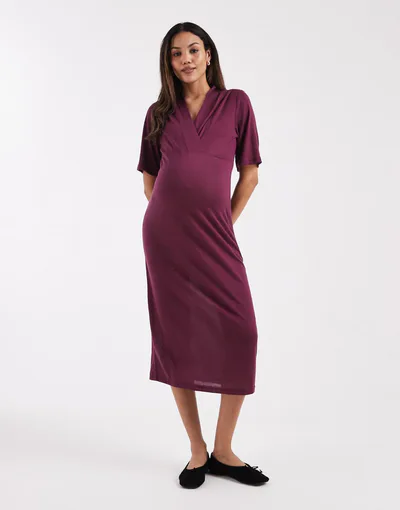 ASOS Mamalicious Maternity short sleeve wrap front jersey midi dress in burgundy