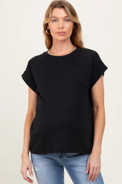 PinkBlush Black Rolled Short Sleeve Maternity Tee