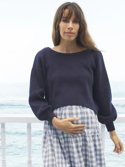 Angel Maternity Sylvie Luxury Maternity Knitted Cropped Top In Navy