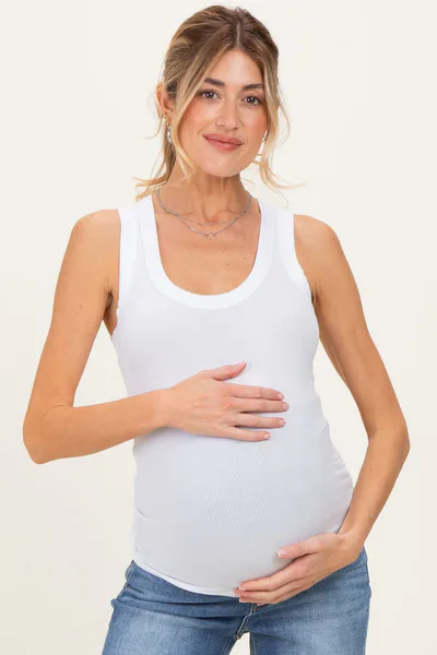 PinkBlush White Ribbed Scoop Neck Maternity Tank Top