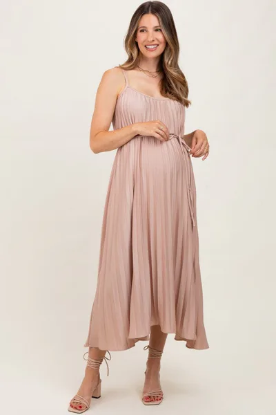 PinkBlush Mocha Pleated Sash Tie Maternity Midi Dress