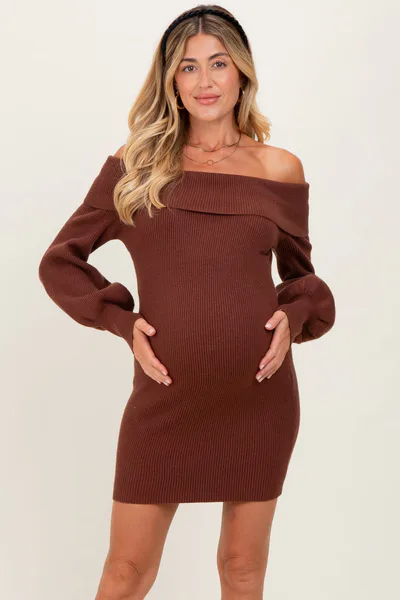 PinkBlush Brown Off The Shoulder Maternity Sweater Dress