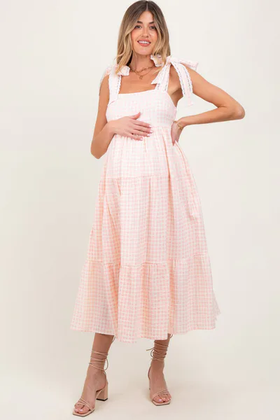PinkBlush Light Pink Gingham Lace Trim Shoulder Tie Maternity Maxi Dress