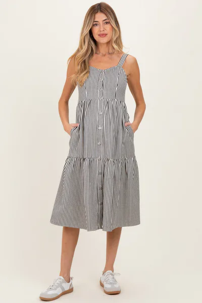 PinkBlush Black Striped Tiered Maternity Overall Dress