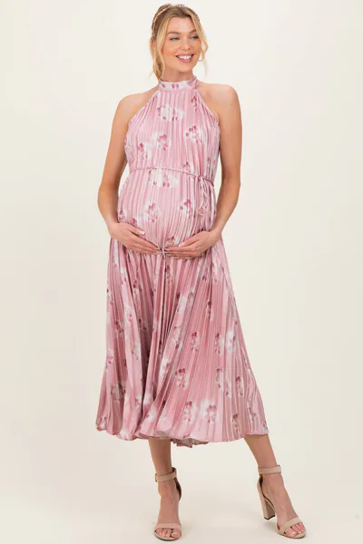 PinkBlush Light Pink  Floral Pleated Halter Maternity Midi Dress